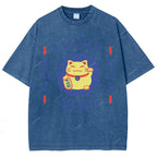 Unisex Japanese Lucky Cat Printed Washed Tee