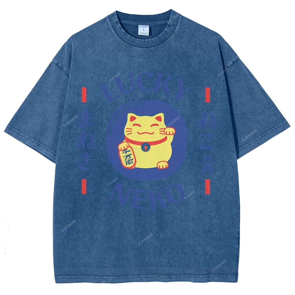 Unisex Japanese Lucky Cat Printed Washed Tee
