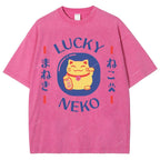 Unisex Japanese Lucky Cat Printed Washed Tee