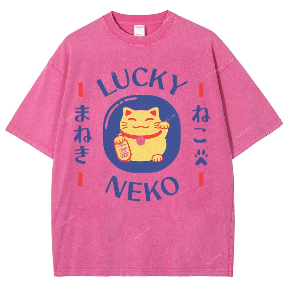 Unisex Japanese Lucky Cat Printed Washed Tee