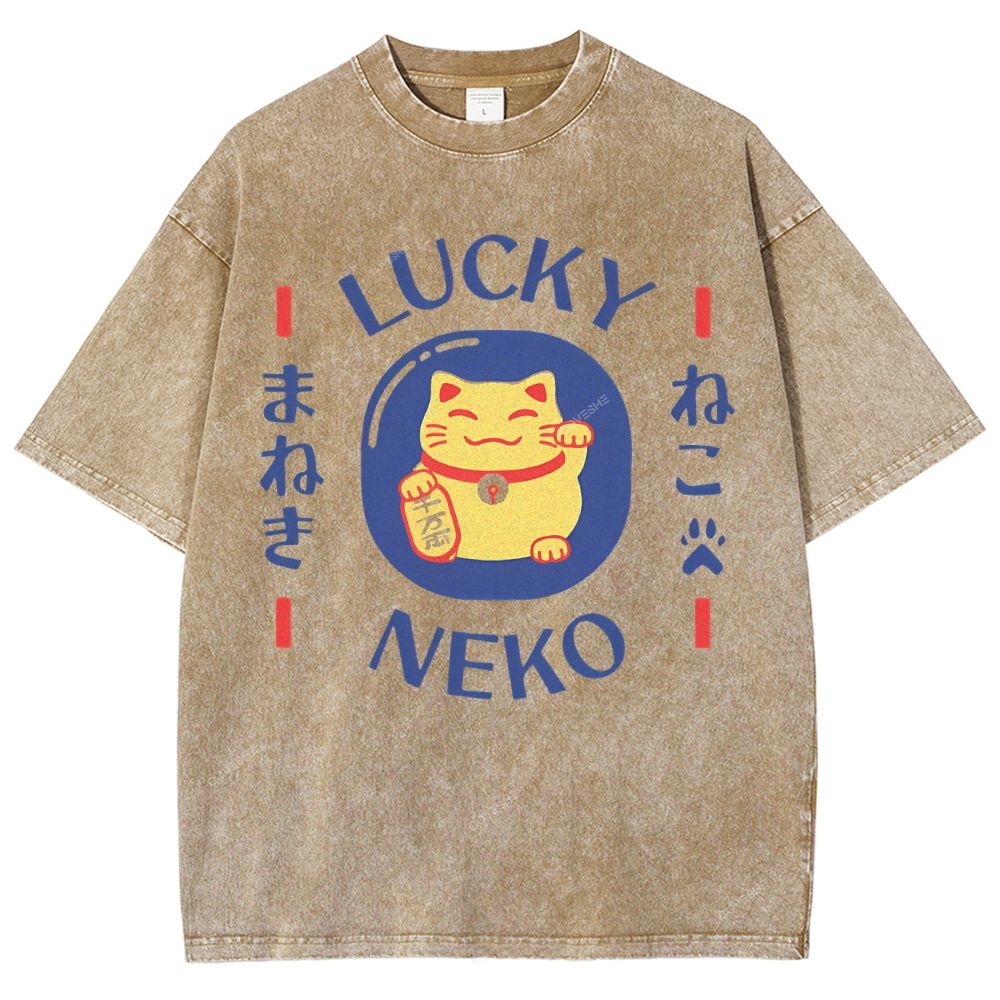 Unisex Japanese Lucky Cat Printed Washed Tee