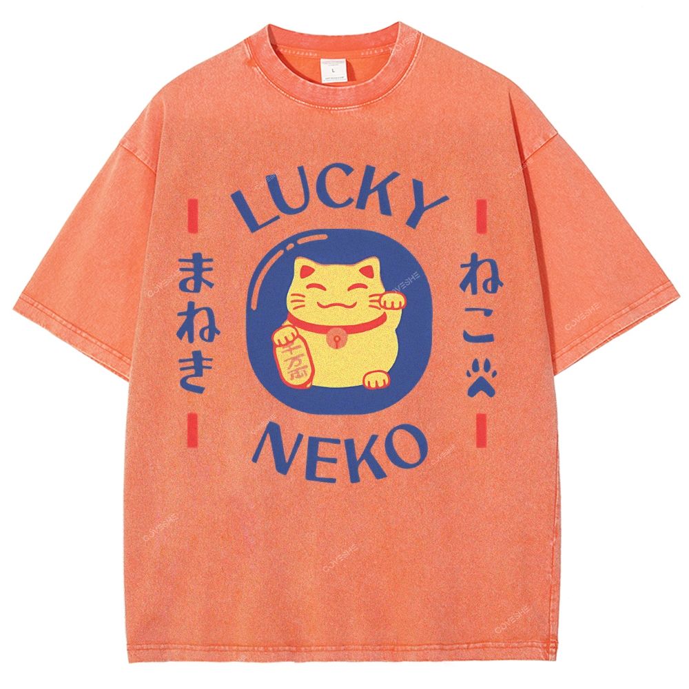 Unisex Japanese Lucky Cat Printed Washed Tee