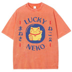 Unisex Japanese Lucky Cat Printed Washed Tee