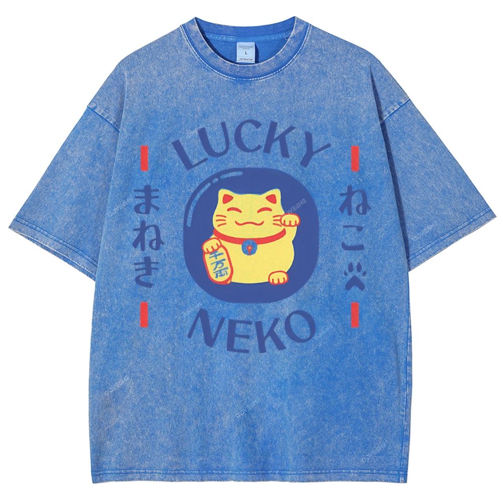 Unisex Japanese Lucky Cat Printed Washed Tee