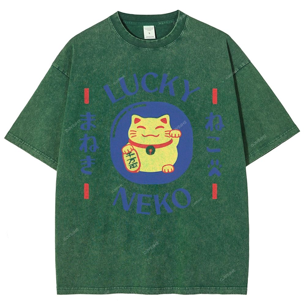 Unisex Japanese Lucky Cat Printed Washed Tee