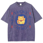 Unisex Japanese Lucky Cat Printed Washed Tee