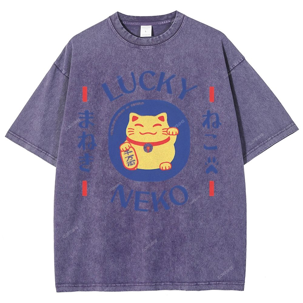 Unisex Japanese Lucky Cat Printed Washed Tee