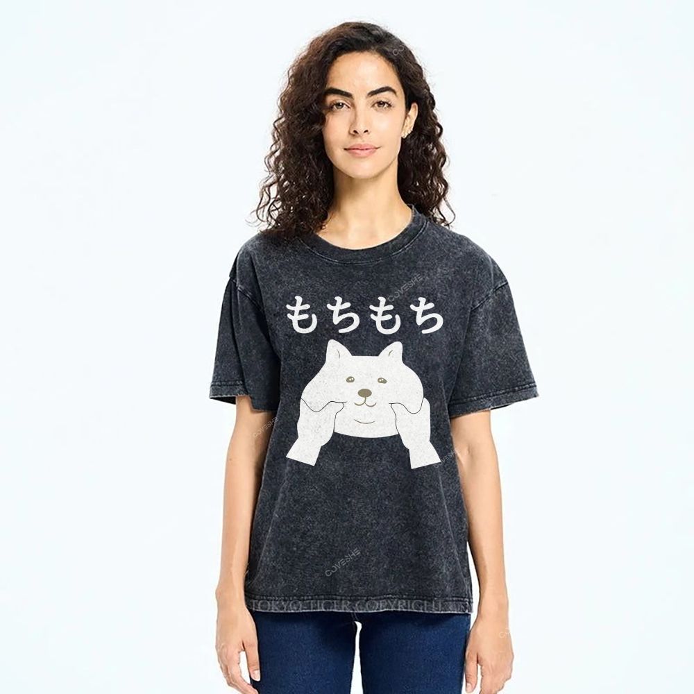 Unisex Japanese Cat Printed Washed Tee