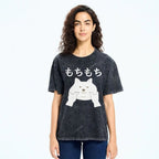 Unisex Japanese Cat Printed Washed Tee