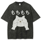 Unisex Japanese Cat Printed Washed Tee