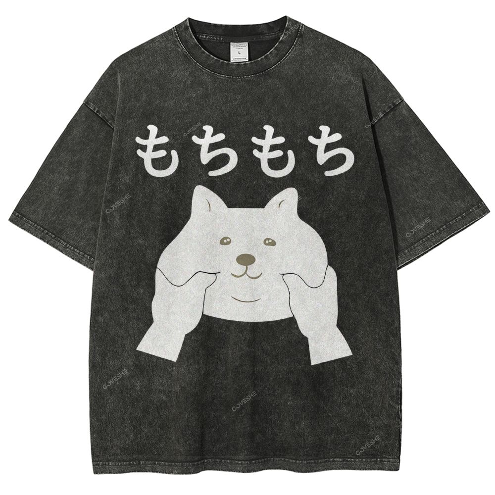 Unisex Japanese Cat Printed Washed Tee