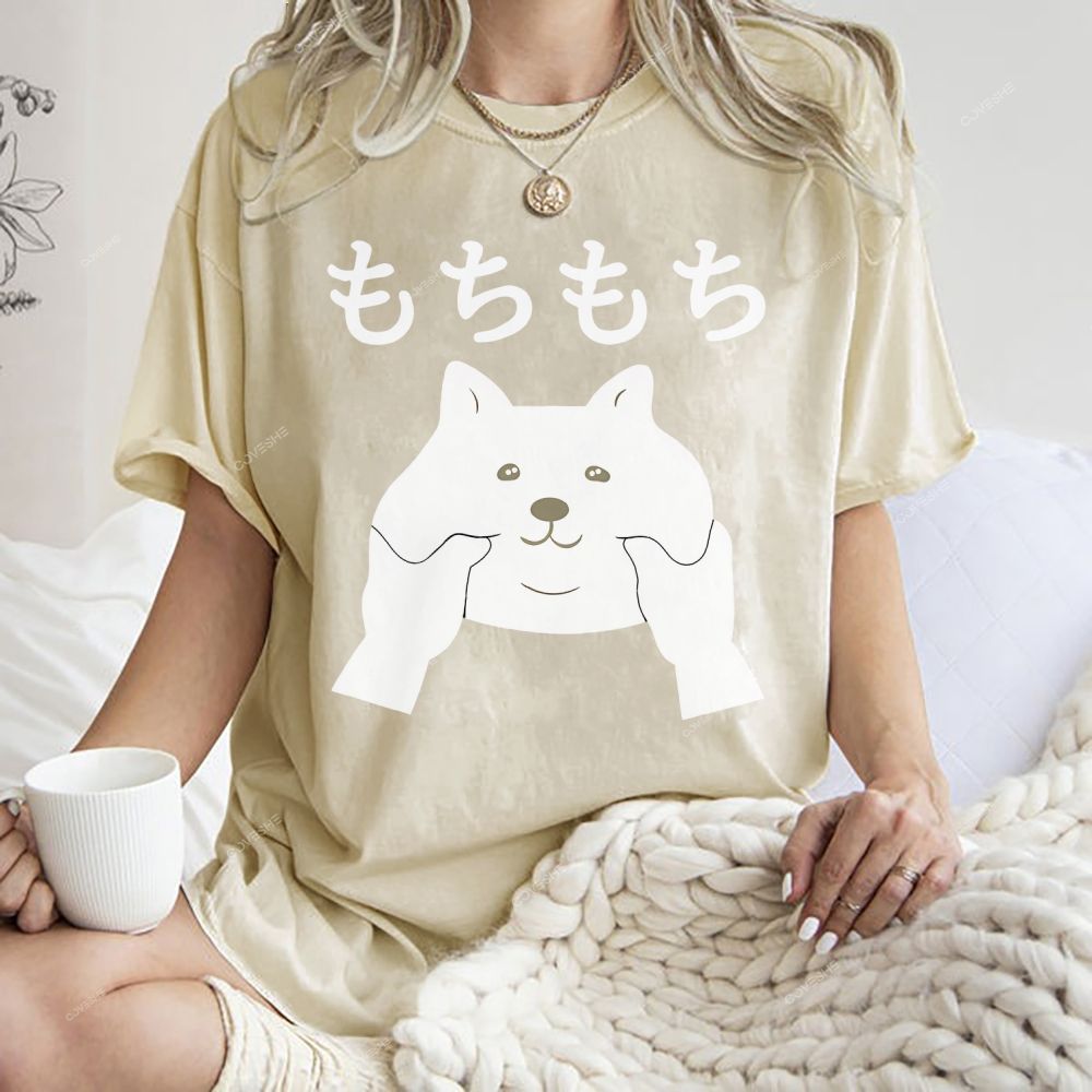 Unisex Japanese Cat Printed Washed Tee