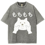 Unisex Japanese Cat Printed Washed Tee