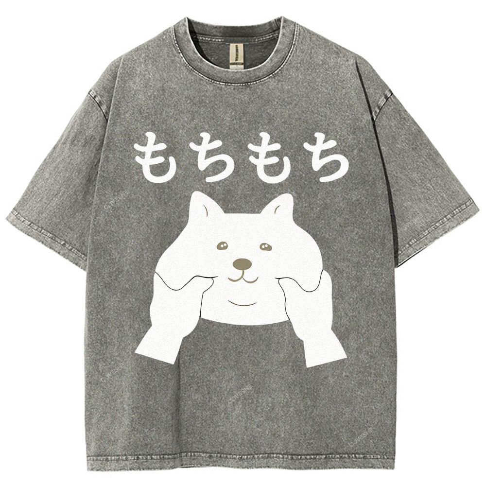 Unisex Japanese Cat Printed Washed Tee