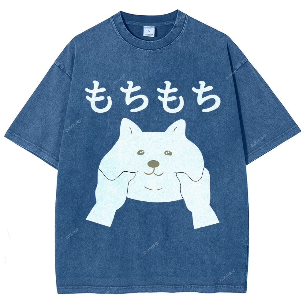 Unisex Japanese Cat Printed Washed Tee
