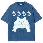 Unisex Japanese Cat Printed Washed Tee