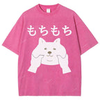 Unisex Japanese Cat Printed Washed Tee