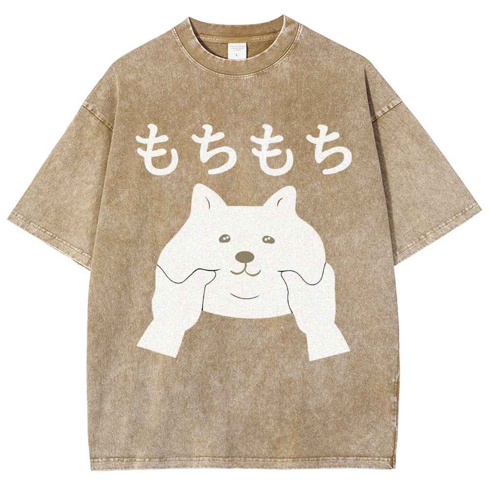 Unisex Japanese Cat Printed Washed Tee