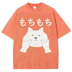 Unisex Japanese Cat Printed Washed Tee