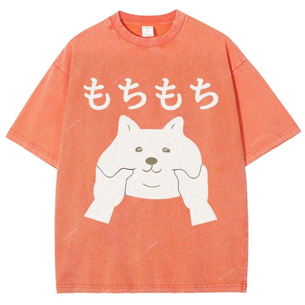 Unisex Japanese Cat Printed Washed Tee