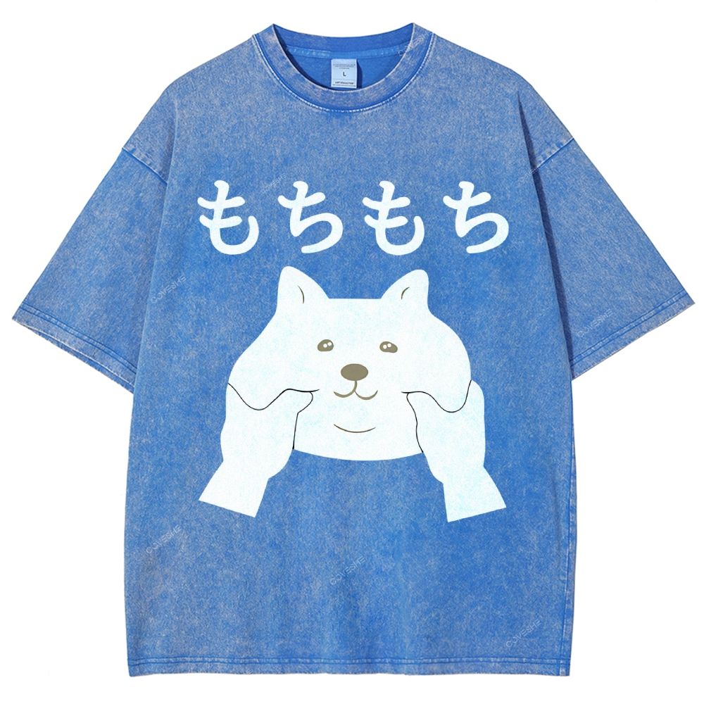 Unisex Japanese Cat Printed Washed Tee
