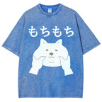 Unisex Japanese Cat Printed Washed Tee