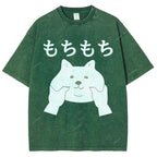Unisex Japanese Cat Printed Washed Tee