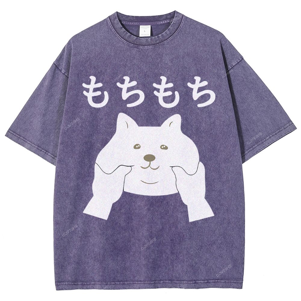 Unisex Japanese Cat Printed Washed Tee