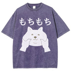 Unisex Japanese Cat Printed Washed Tee