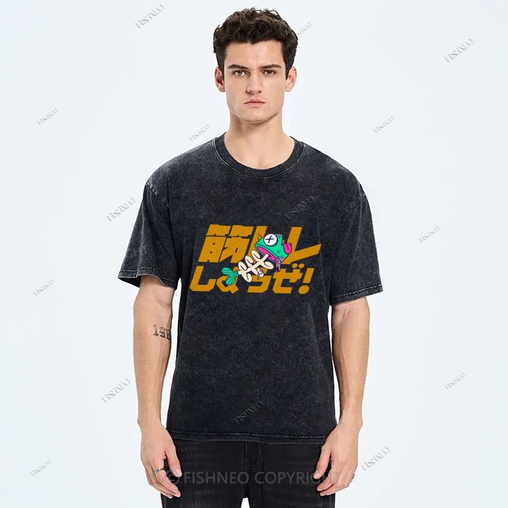 Unisex Japanese Fishbone Printed Washed Tee