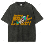 Unisex Japanese Fishbone Printed Washed Tee