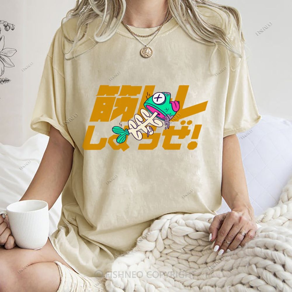 Unisex Japanese Fishbone Printed Washed Tee