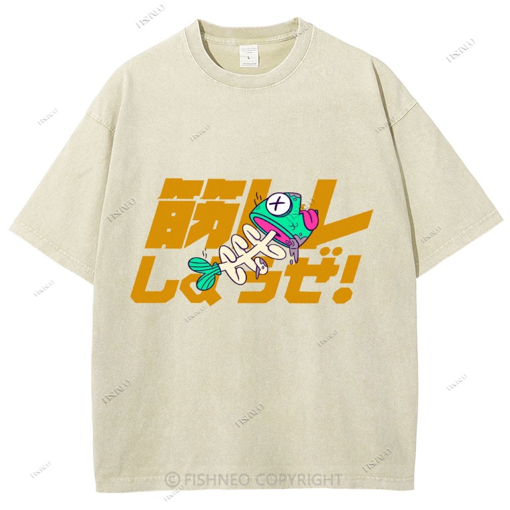 Unisex Japanese Fishbone Printed Washed Tee