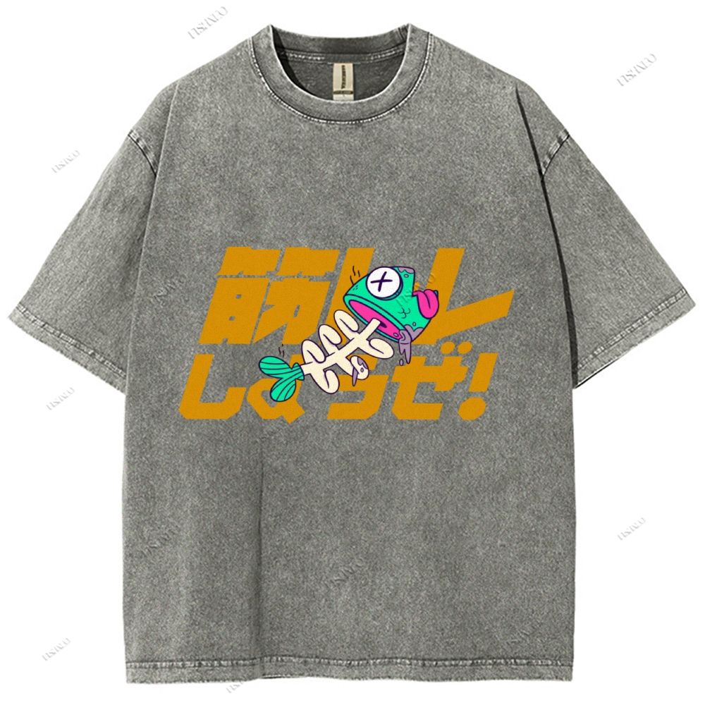 Unisex Japanese Fishbone Printed Washed Tee