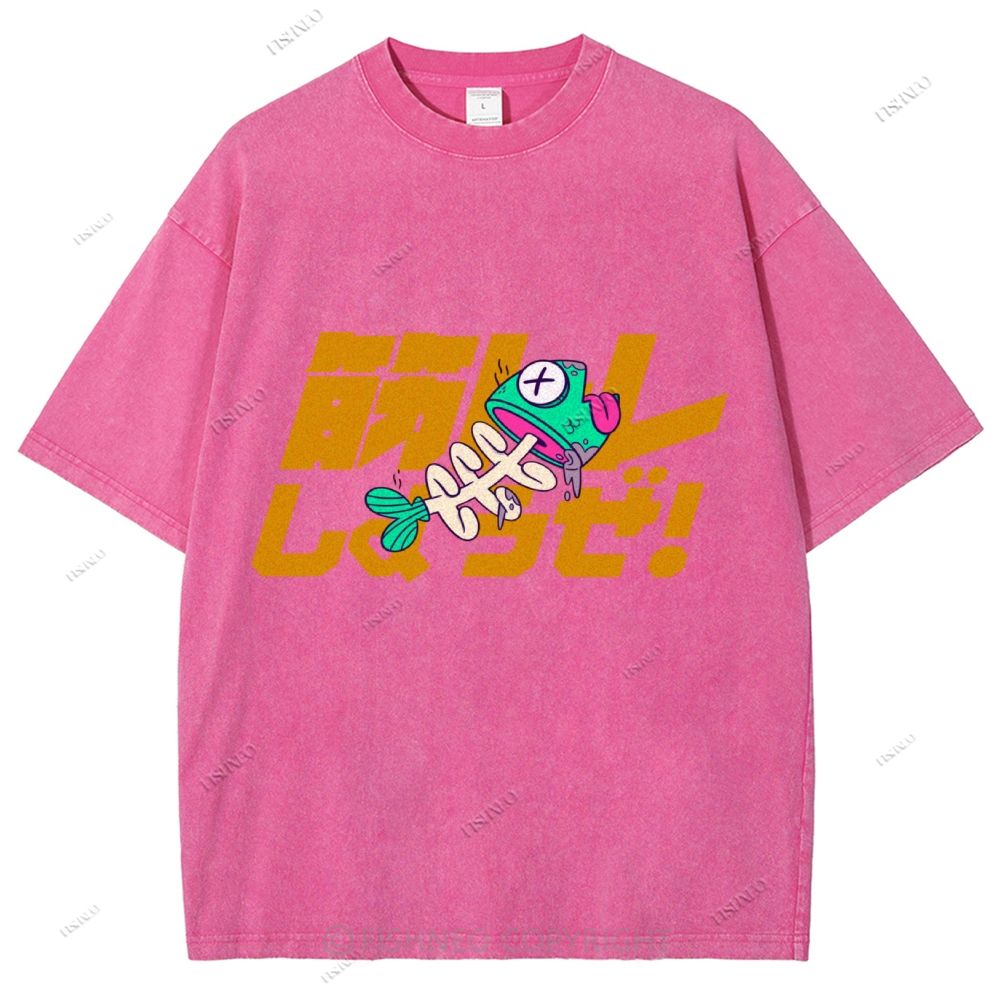 Unisex Japanese Fishbone Printed Washed Tee