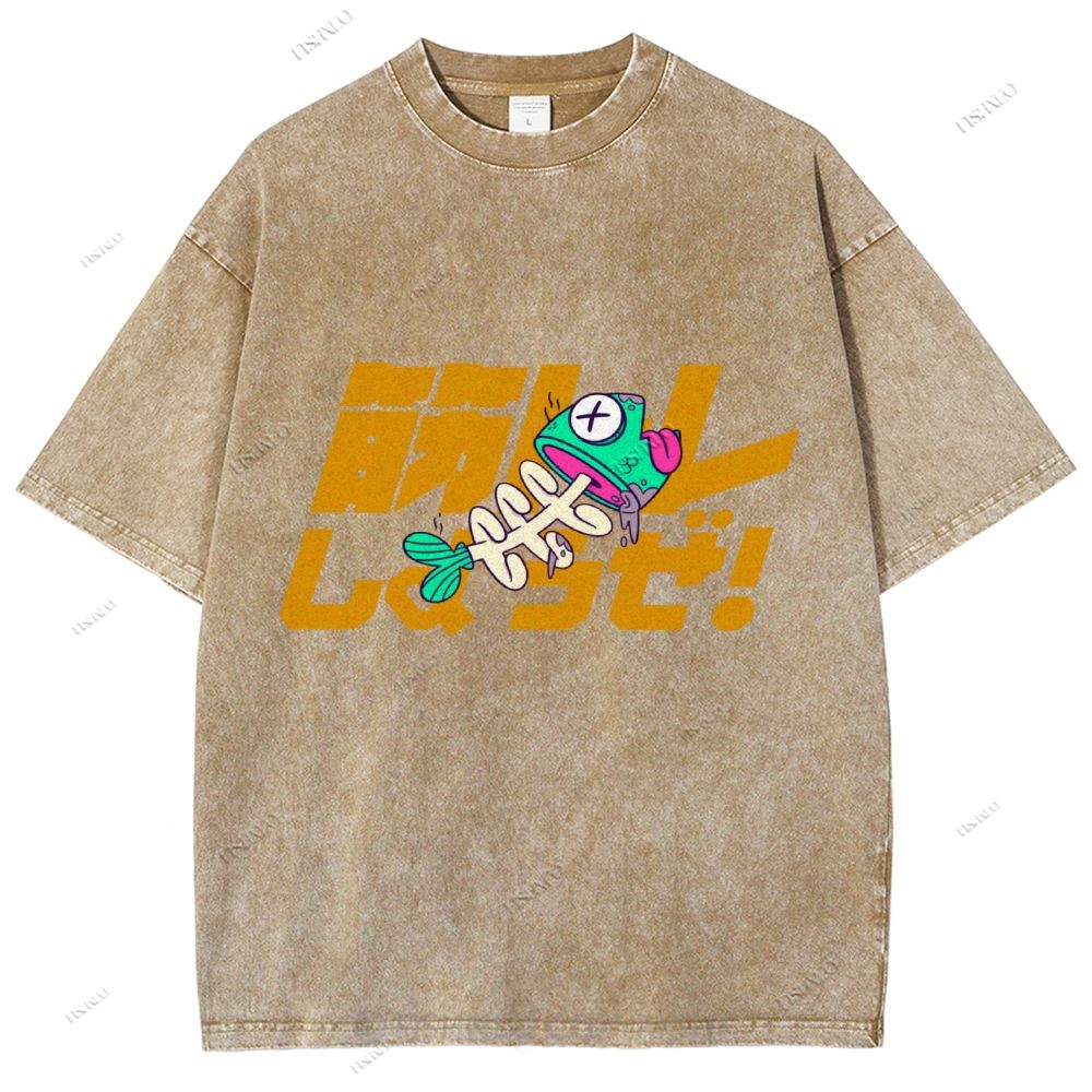 Unisex Japanese Fishbone Printed Washed Tee
