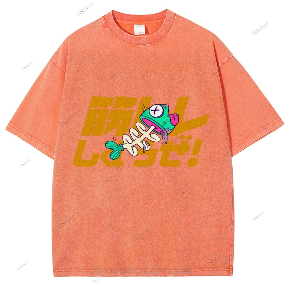 Unisex Japanese Fishbone Printed Washed Tee
