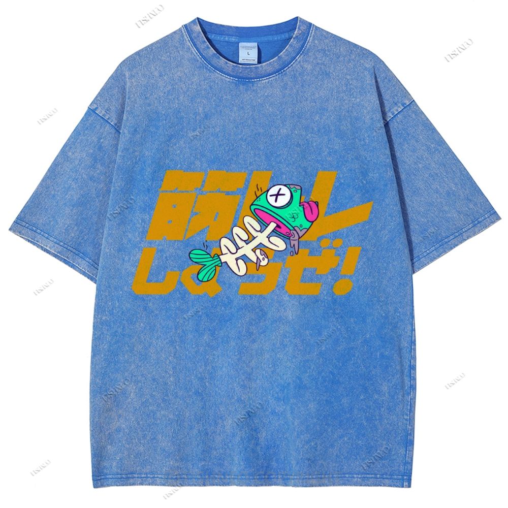 Unisex Japanese Fishbone Printed Washed Tee