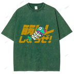 Unisex Japanese Fishbone Printed Washed Tee