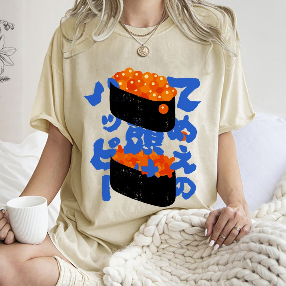 Unisex Japanese Sushi Printed Washed Tee