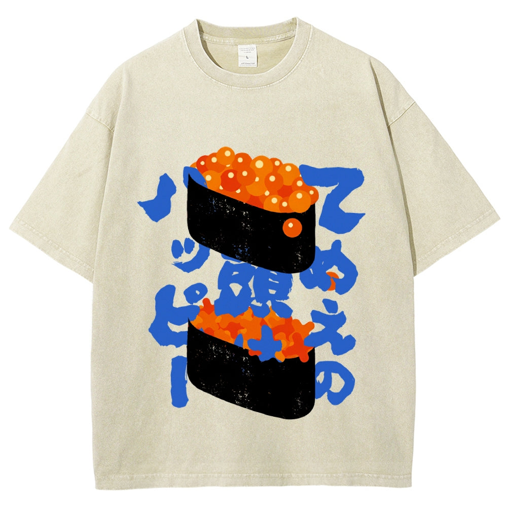 Unisex Japanese Sushi Printed Washed Tee
