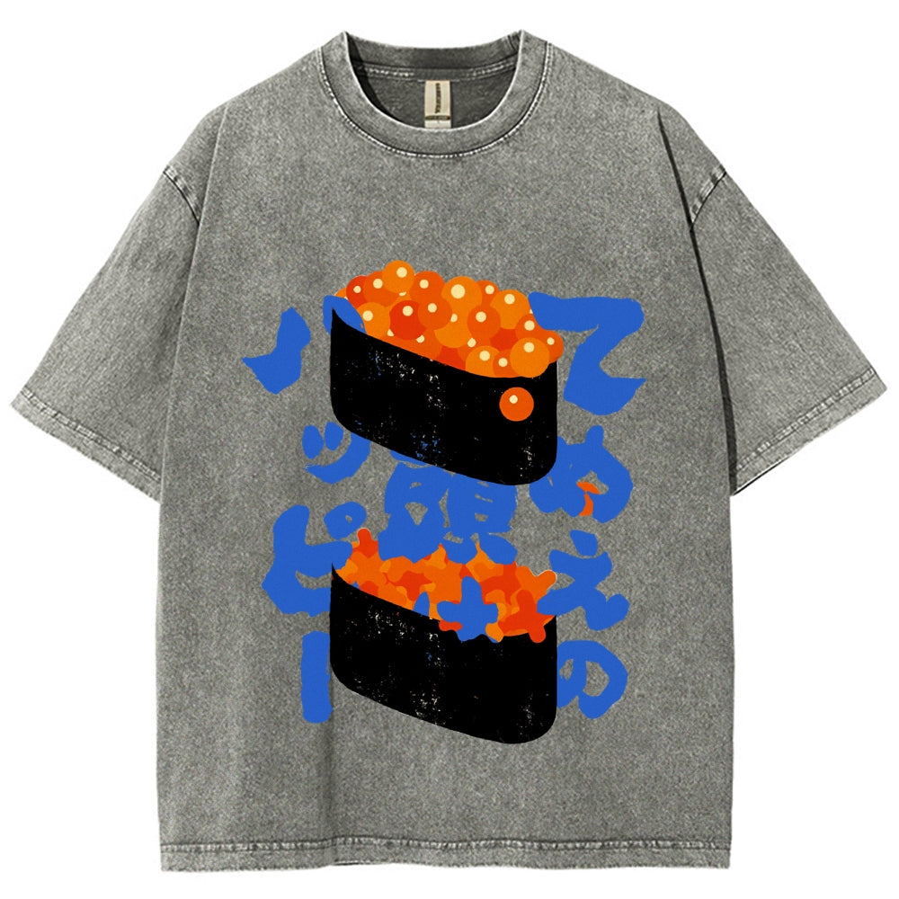Unisex Japanese Sushi Printed Washed Tee