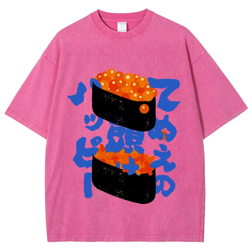 Unisex Japanese Sushi Printed Washed Tee