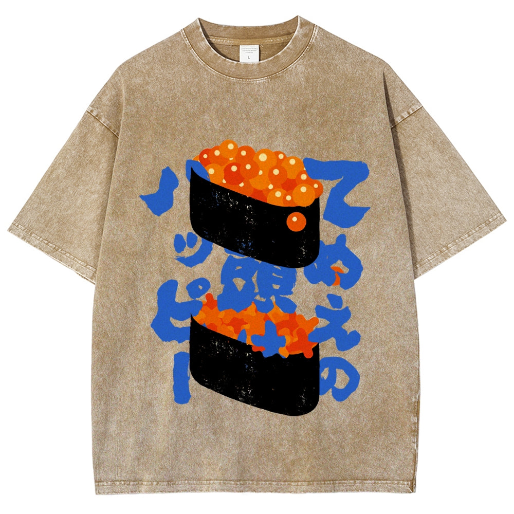 Unisex Japanese Sushi Printed Washed Tee