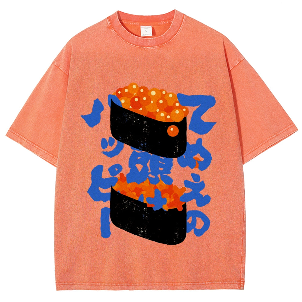 Unisex Japanese Sushi Printed Washed Tee