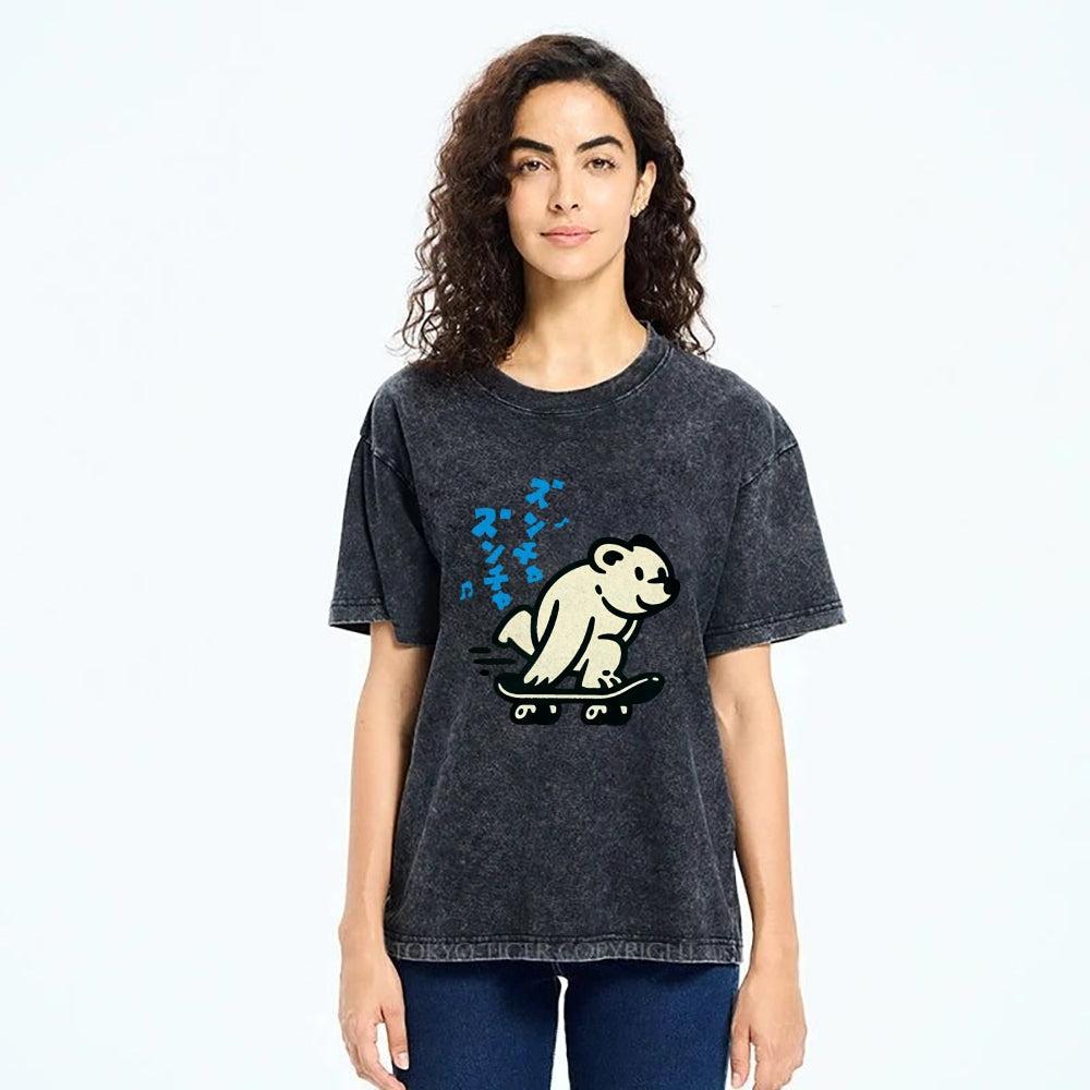 Unisex Japanese Skateboarding Bear Printed Washed Tee