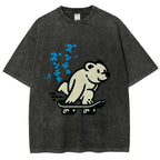 Unisex Japanese Skateboarding Bear Printed Washed Tee