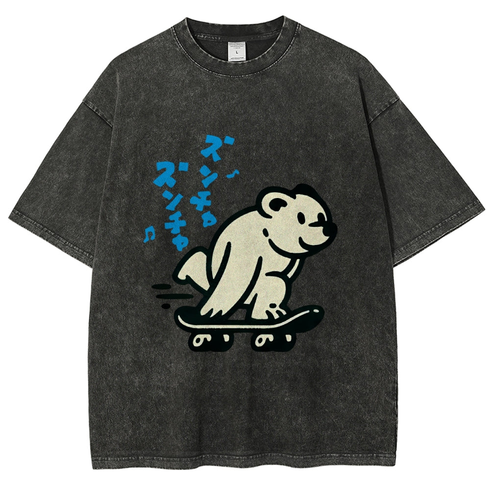 Unisex Japanese Skateboarding Bear Printed Washed Tee