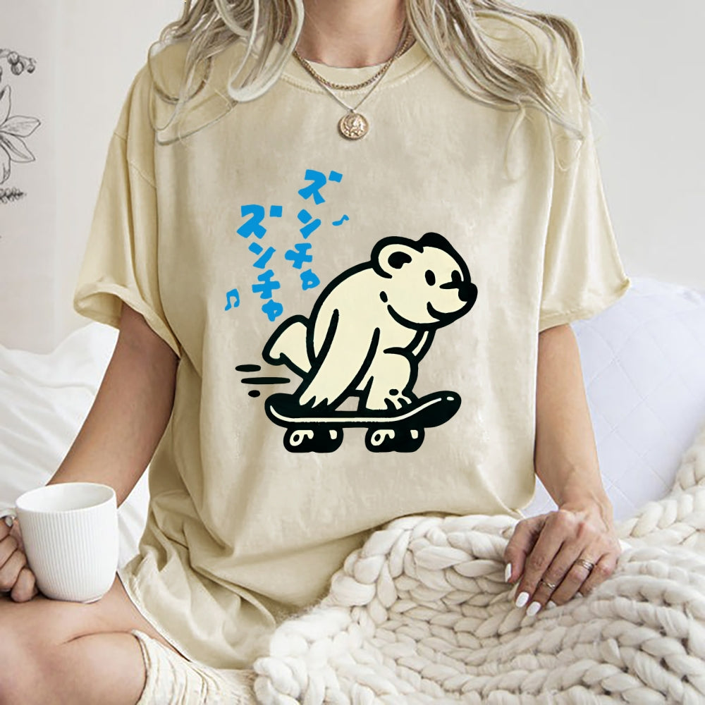 Unisex Japanese Skateboarding Bear Printed Washed Tee