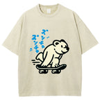 Unisex Japanese Skateboarding Bear Printed Washed Tee